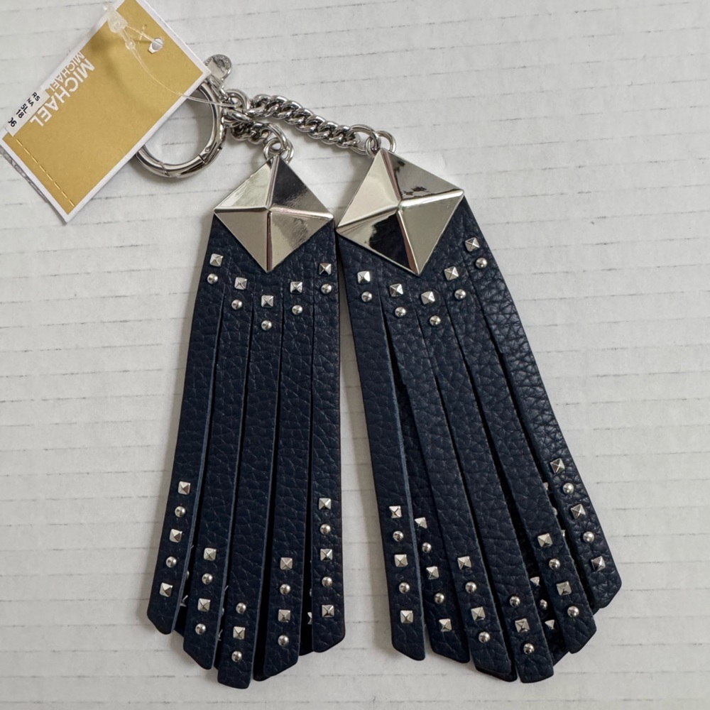 Michael Kors leather Navy Blue studded double Tassel Keychain. NWT